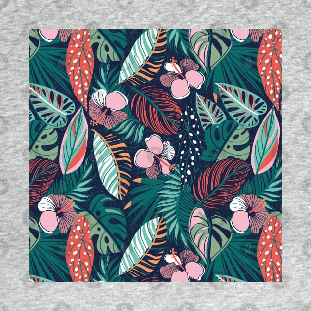 Moody tropical night // pattern // oxford blue background coral spearmint papaya orange jade and pine green leaves cotton candy pink and dry rose hibiscus flowers by SelmaCardoso